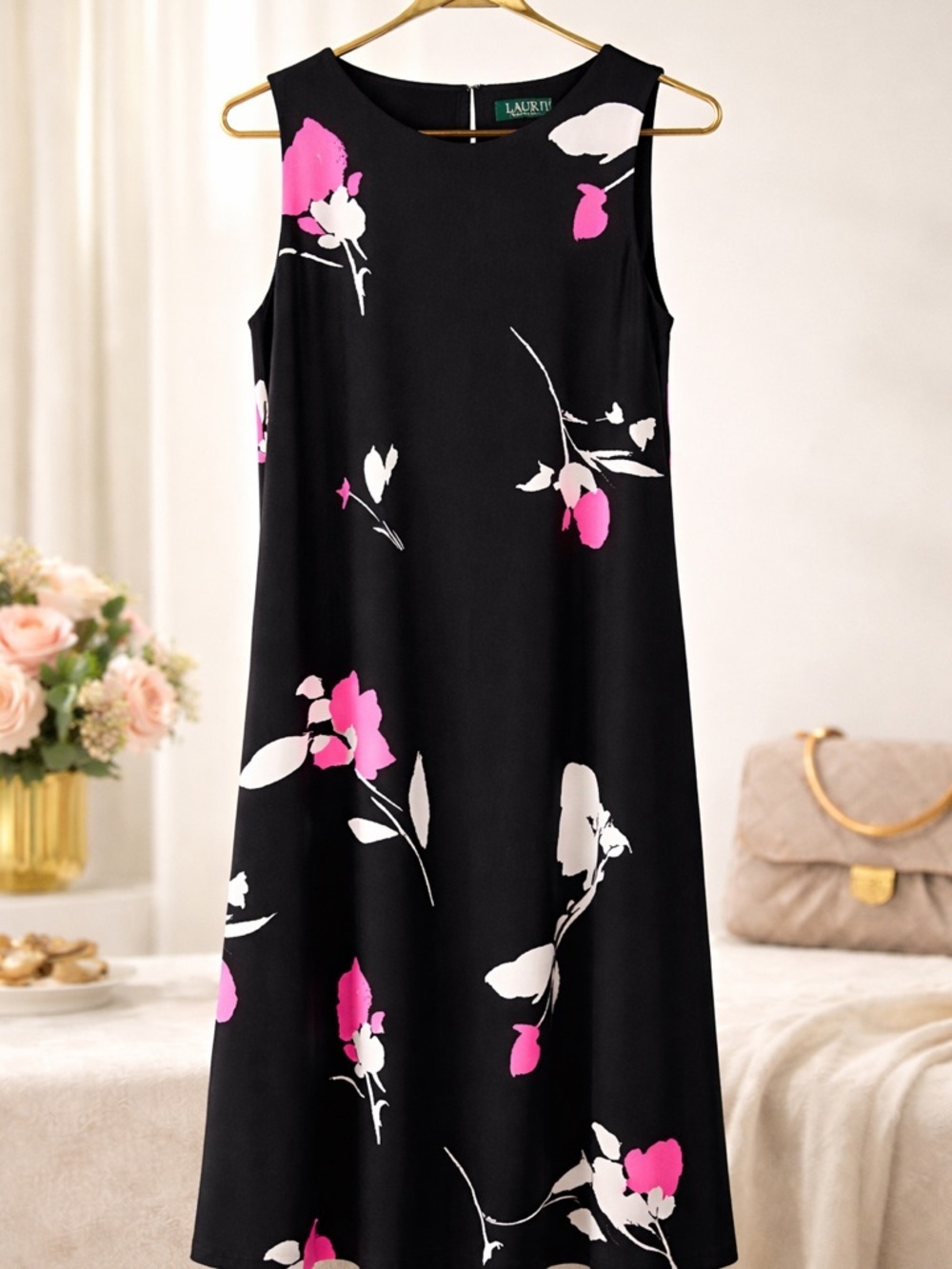 Ralph Lauren Black Midi Dress with Pink & White Floral Print